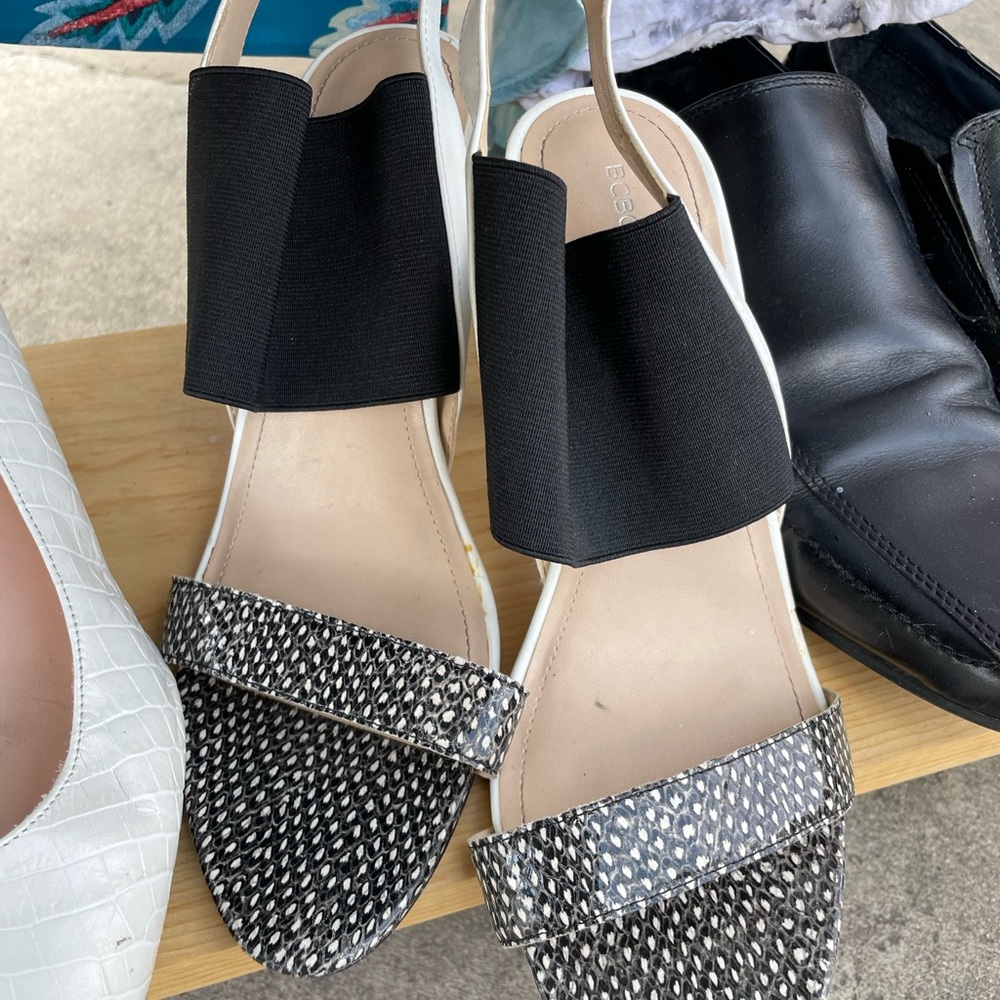 BCBG Black and White Sandals with Rhinestone Embellishments